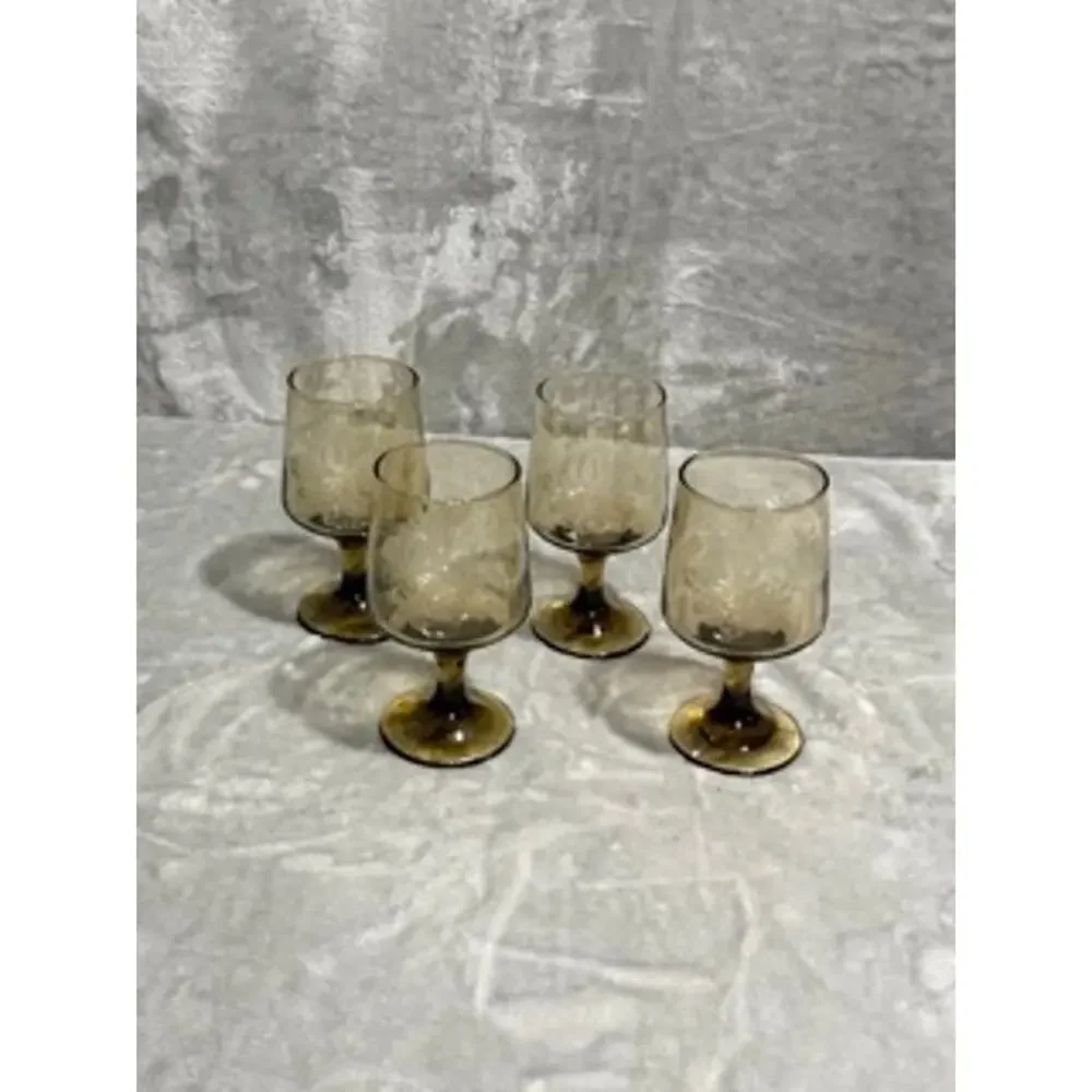 Vintage Pfaltzgraff Smoke Brown Etched Goblets Set of 4 USA